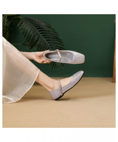 Women's Retro Square Toe Mary Jane Flats Comfortable One Line Strap Flats A Silver Gray $17.10 Flats