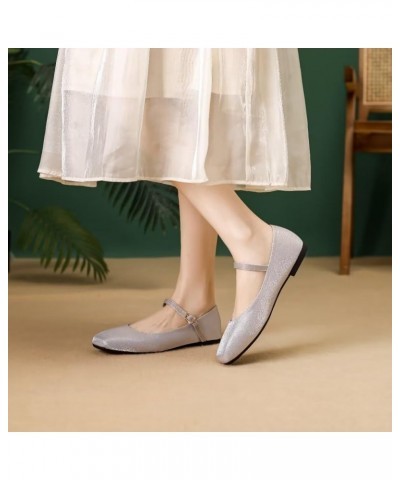 Women's Retro Square Toe Mary Jane Flats Comfortable One Line Strap Flats A Silver Gray $17.10 Flats