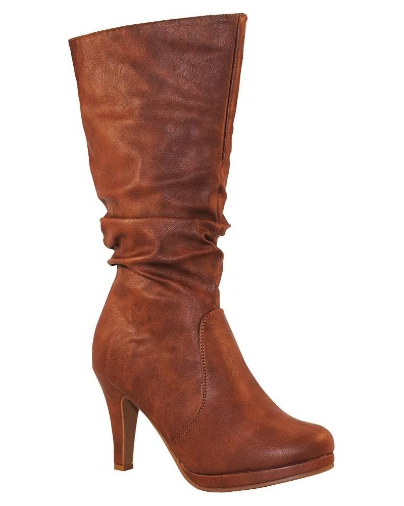 Womens Page-43 Mid Calf Round Toe Slouched High Heel Boots Tan Pu $20.39 Boots