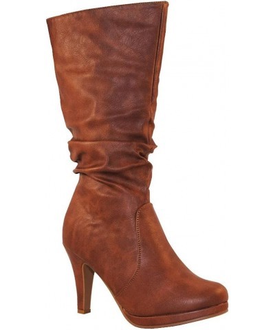 Womens Page-43 Mid Calf Round Toe Slouched High Heel Boots Tan Pu $20.39 Boots