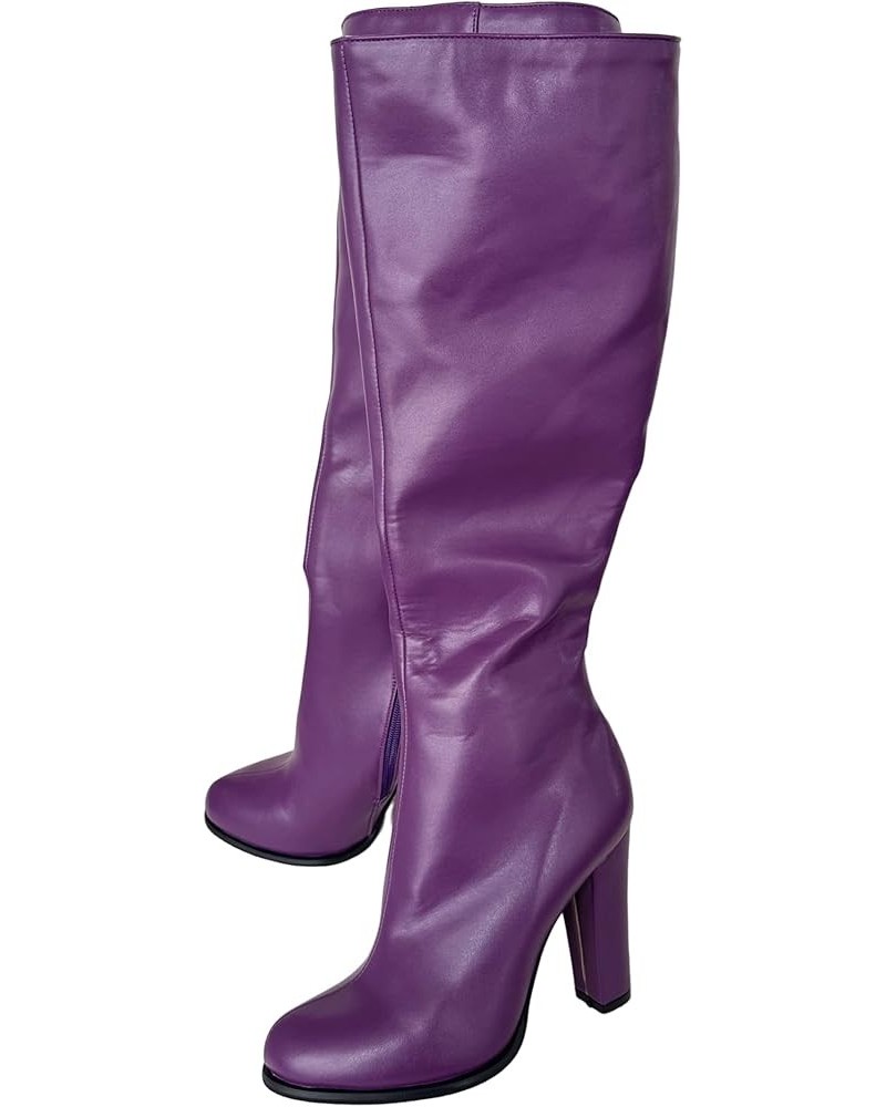 Ladies Sexy Unisex Chunky Block Knee High Heeled Wide Calf Long Boots, Purple Classic Fashion Luxury Style, Big Large Size US...