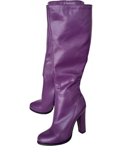 Ladies Sexy Unisex Chunky Block Knee High Heeled Wide Calf Long Boots, Purple Classic Fashion Luxury Style, Big Large Size US...