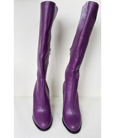 Ladies Sexy Unisex Chunky Block Knee High Heeled Wide Calf Long Boots, Purple Classic Fashion Luxury Style, Big Large Size US...