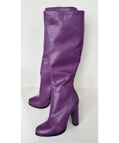 Ladies Sexy Unisex Chunky Block Knee High Heeled Wide Calf Long Boots, Purple Classic Fashion Luxury Style, Big Large Size US...