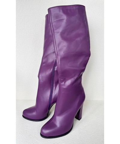 Ladies Sexy Unisex Chunky Block Knee High Heeled Wide Calf Long Boots, Purple Classic Fashion Luxury Style, Big Large Size US...