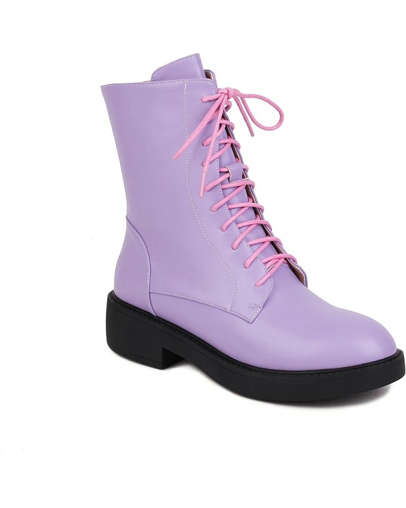 Women's Lace Up Combat Boots Classic Chunky Side Zipper Sole Combat Boots Purple $35.39 Boots