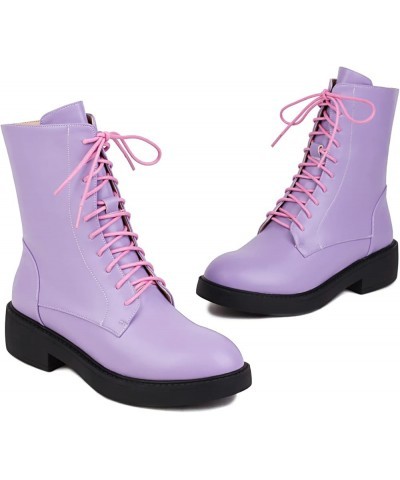 Women's Lace Up Combat Boots Classic Chunky Side Zipper Sole Combat Boots Purple $35.39 Boots