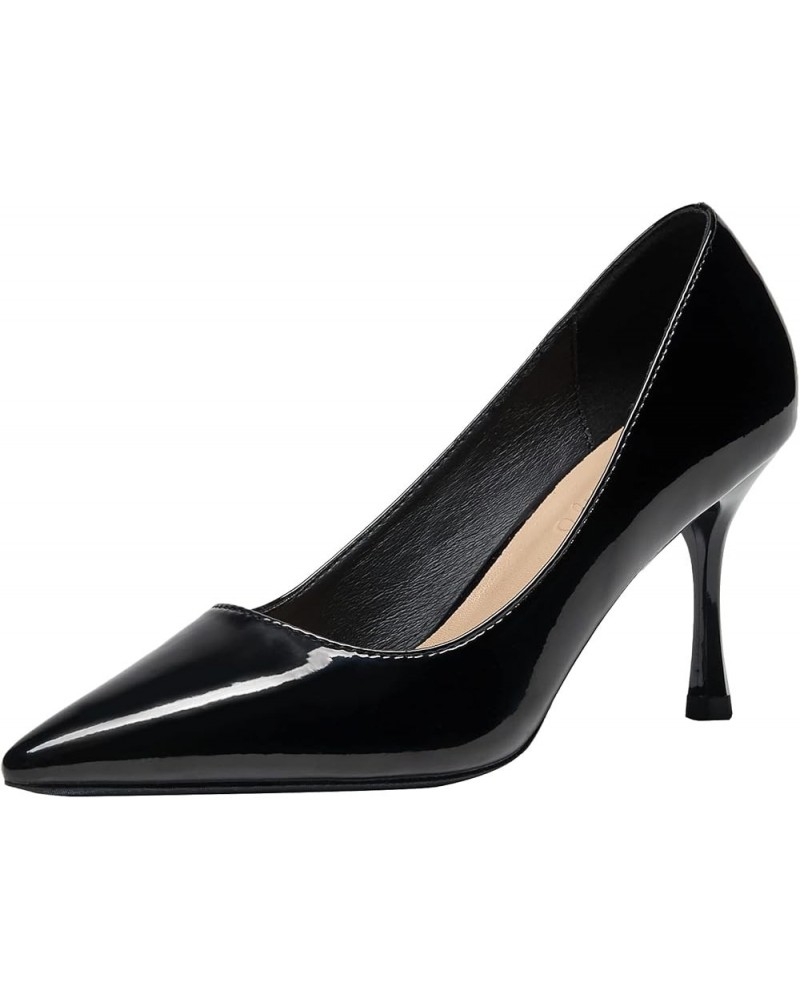 Women Modern Pointed Toe Evening Heels Patent Leather Comfort Office Heels Wedding Prom Dress Shoes Black3 $30.49 Pumps