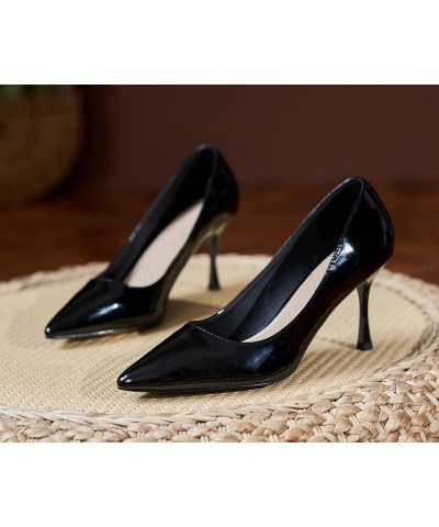 Women Modern Pointed Toe Evening Heels Patent Leather Comfort Office Heels Wedding Prom Dress Shoes Black3 $30.49 Pumps