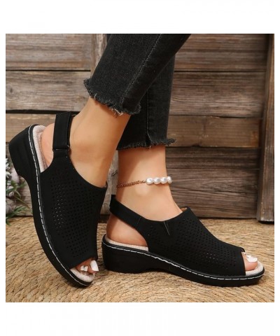 Swim Sandals Women Ladies Fashion Solid Hollow Leather Open Toe Hook Loop Wedge Heel Thick Soled Roman Sandals (Black, 8.5) B...