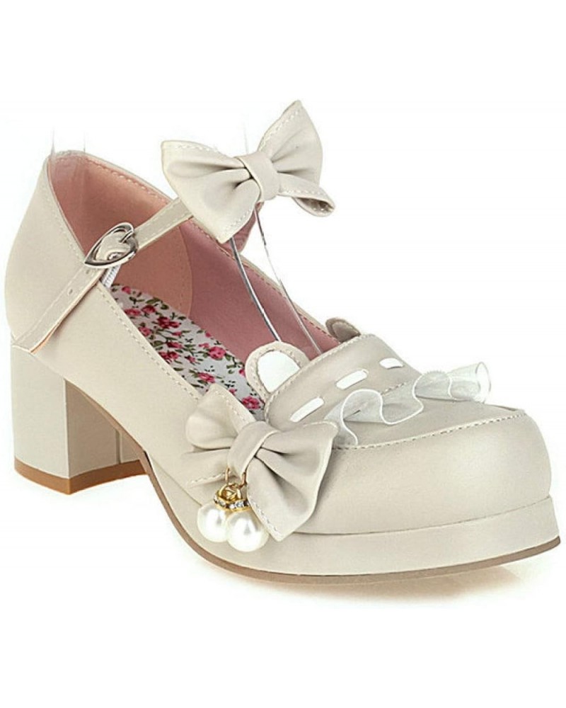 Women Bow Ankle Strap Mary Jane Pumps Comfort Round Toe Chunky Block Heels Shoes Lolita Cosplay Princess Shoes Beige $34.09 P...