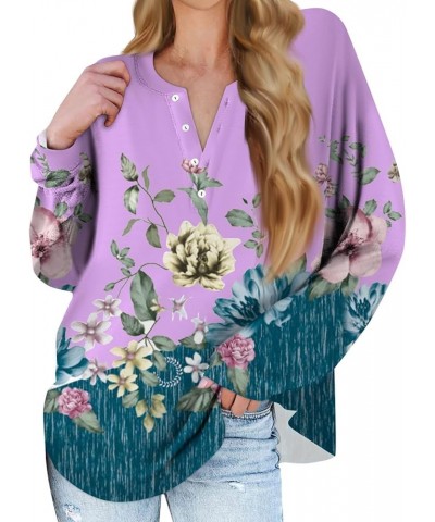 Womens Fall Fashion 2024 Button Down Long Sleeve Pullover Tops V Neck Printing Outfits Casual Loose Sweatshirts 1-purple $9.8...