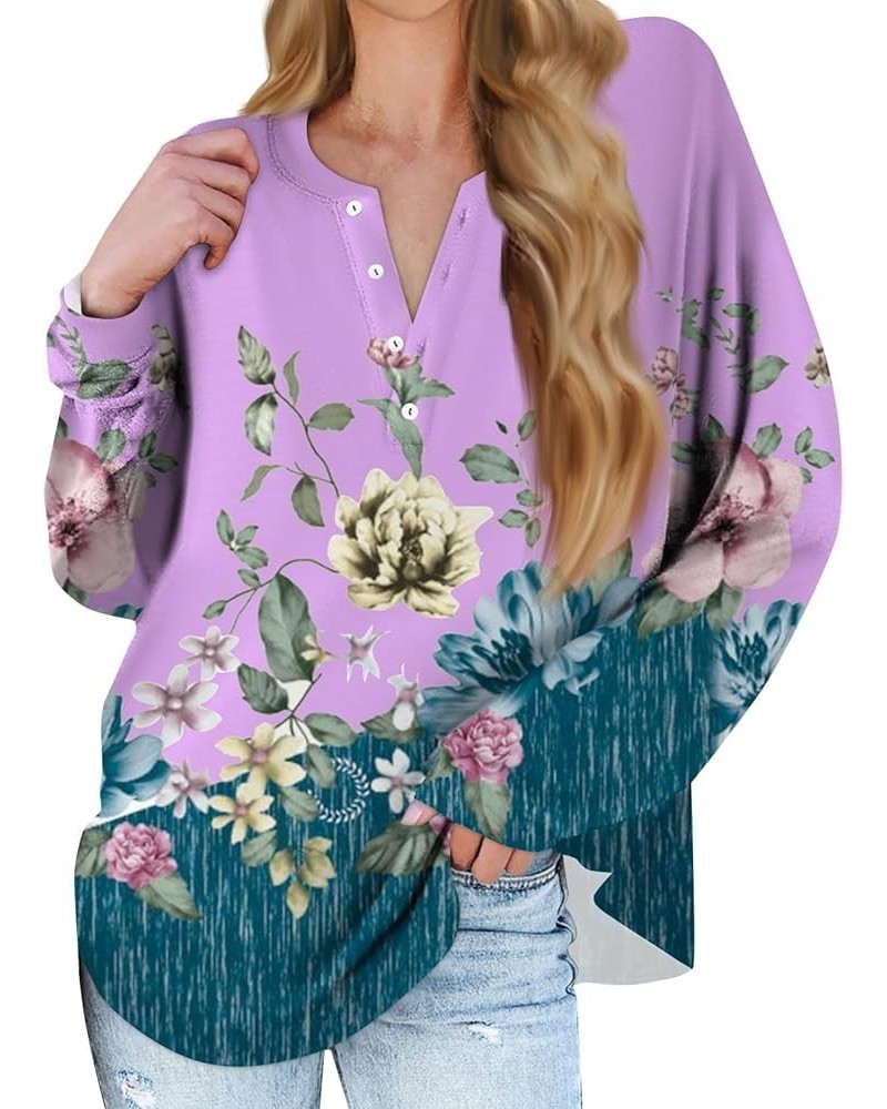 Womens Fall Fashion 2024 Button Down Long Sleeve Pullover Tops V Neck Printing Outfits Casual Loose Sweatshirts 1-purple $9.8...