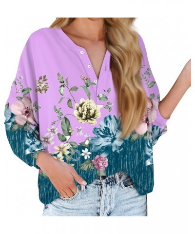 Womens Fall Fashion 2024 Button Down Long Sleeve Pullover Tops V Neck Printing Outfits Casual Loose Sweatshirts 1-purple $9.8...