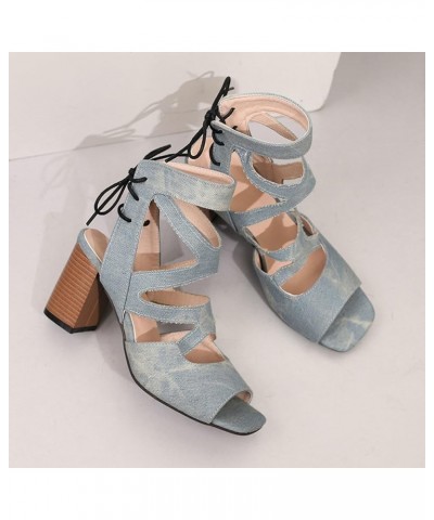 Stylish Sandals for Women Solid Color Foreign Trade Square Head Back Heel Tie Thick Heel Big Size Dressy Wedding Sandals Blue...