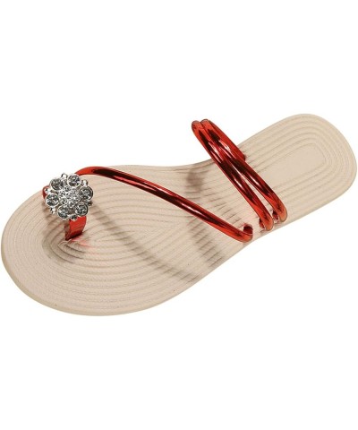 Ladies Fashion Summer Solid Color Leather Rhinestone Toe Straw Woven Flat Slippers Womens Sandals Dressy Red 8 $11.00 Sandals