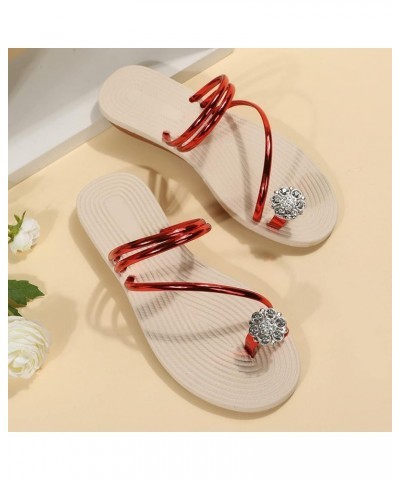 Ladies Fashion Summer Solid Color Leather Rhinestone Toe Straw Woven Flat Slippers Womens Sandals Dressy Red 8 $11.00 Sandals