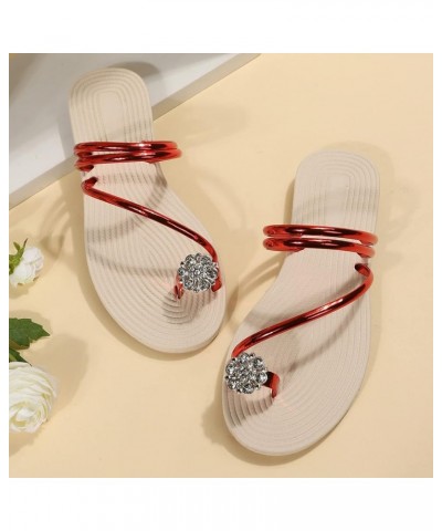 Ladies Fashion Summer Solid Color Leather Rhinestone Toe Straw Woven Flat Slippers Womens Sandals Dressy Red 8 $11.00 Sandals