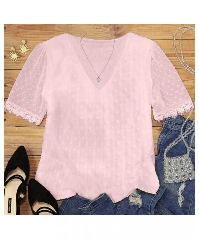 Women's 2024 Spring/Summer New Round Neck Petal Sleeve Spliced Solid Color T Shirt Loose Top Women Holiday Tee A-pink $10.79 ...