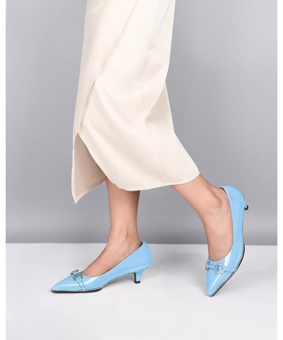 Women Low Kitten Heel Pumps Slip On Closed Pointed Toe Beaded Metal Buckle Wedding Party Dress Shoes 1.6 Inch Light Blue $26....