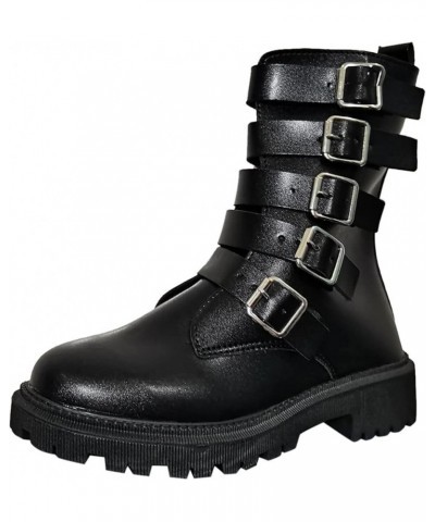 Ladies British Solid Color Leather Belt Buckle Side Zipper Thick Heel Short Boots Womens Heel Boots Black $26.98 Athletic Shoes