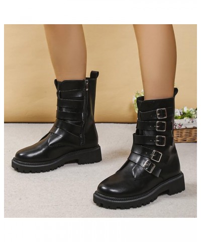 Ladies British Solid Color Leather Belt Buckle Side Zipper Thick Heel Short Boots Womens Heel Boots Black $26.98 Athletic Shoes