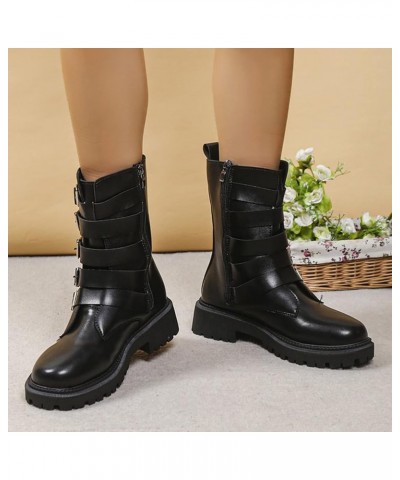 Ladies British Solid Color Leather Belt Buckle Side Zipper Thick Heel Short Boots Womens Heel Boots Black $26.98 Athletic Shoes