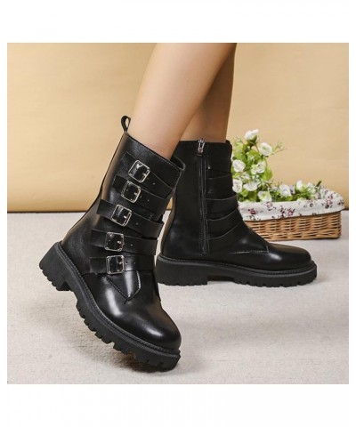 Ladies British Solid Color Leather Belt Buckle Side Zipper Thick Heel Short Boots Womens Heel Boots Black $26.98 Athletic Shoes