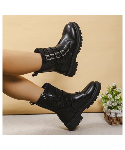 Ladies British Solid Color Leather Belt Buckle Side Zipper Thick Heel Short Boots Womens Heel Boots Black $26.98 Athletic Shoes