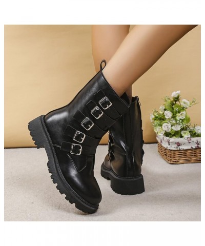 Ladies British Solid Color Leather Belt Buckle Side Zipper Thick Heel Short Boots Womens Heel Boots Black $26.98 Athletic Shoes