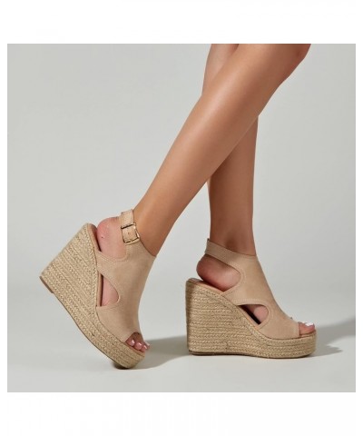 Sandals for Women Peep Toe Crystal Causal Shoes Hollow Out Wedges Sandals wedges slide sandals for women Z 11-beige $31.70 Sa...