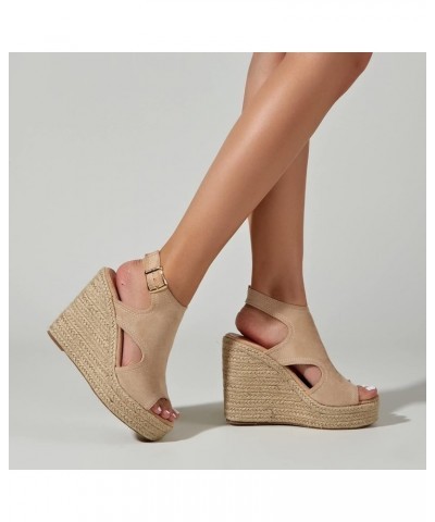 Sandals for Women Peep Toe Crystal Causal Shoes Hollow Out Wedges Sandals wedges slide sandals for women Z 11-beige $31.70 Sa...