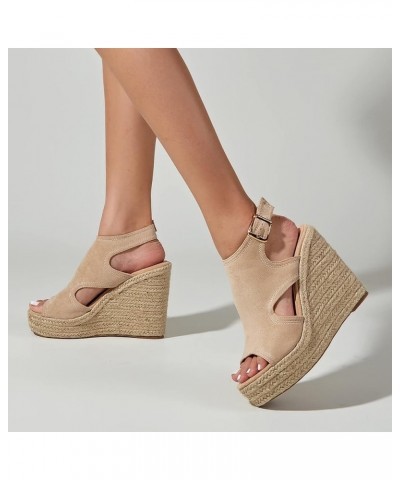 Sandals for Women Peep Toe Crystal Causal Shoes Hollow Out Wedges Sandals wedges slide sandals for women Z 11-beige $31.70 Sa...