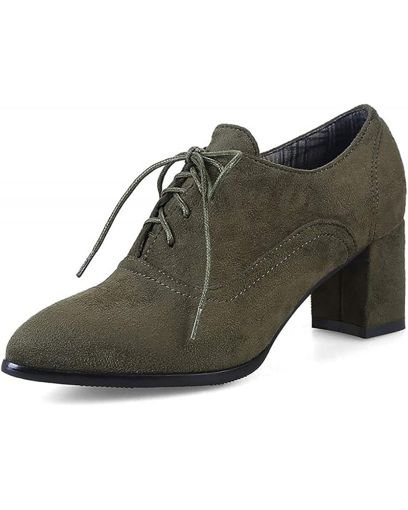 Lace Up Mid Heels Business Formal Oxfords for Womens Pointed Toe Fashion Western Retro Pumps Oiffce Oxford Army Green-velvet ...