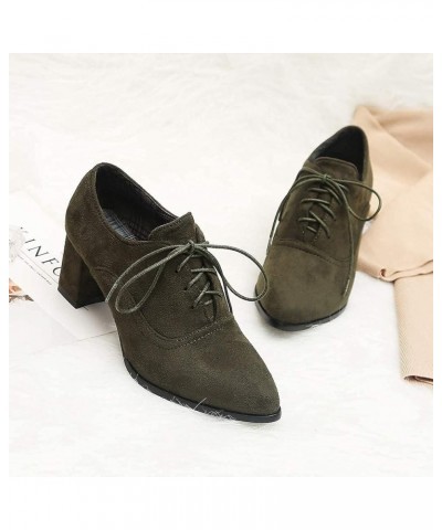 Lace Up Mid Heels Business Formal Oxfords for Womens Pointed Toe Fashion Western Retro Pumps Oiffce Oxford Army Green-velvet ...