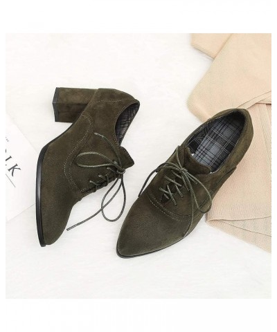 Lace Up Mid Heels Business Formal Oxfords for Womens Pointed Toe Fashion Western Retro Pumps Oiffce Oxford Army Green-velvet ...