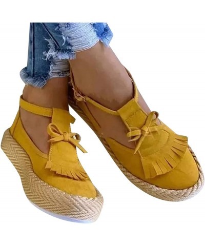 Summer Casual Beach Shoes Platform Ankle Buckle Strap Shoes Round Toe Solid Color Tassel Flat Pumps Dress Shoes Yellow $20.03...