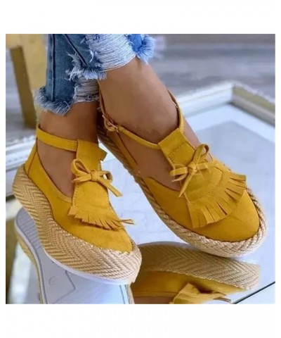 Summer Casual Beach Shoes Platform Ankle Buckle Strap Shoes Round Toe Solid Color Tassel Flat Pumps Dress Shoes Yellow $20.03...