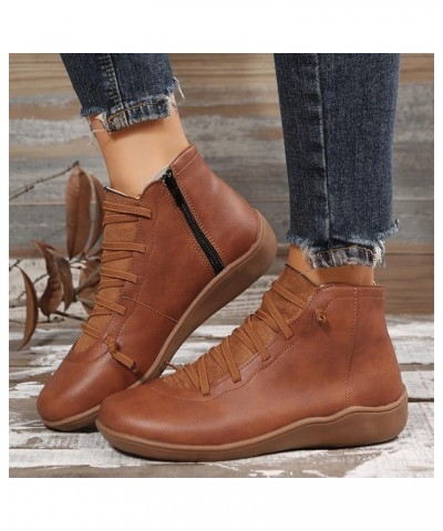 Ladies Fashion Retro Solid Color Leather Side Zipper Flat Casual Short Boots Boots for Women 10 Brown $12.20 Fashion Sneakers