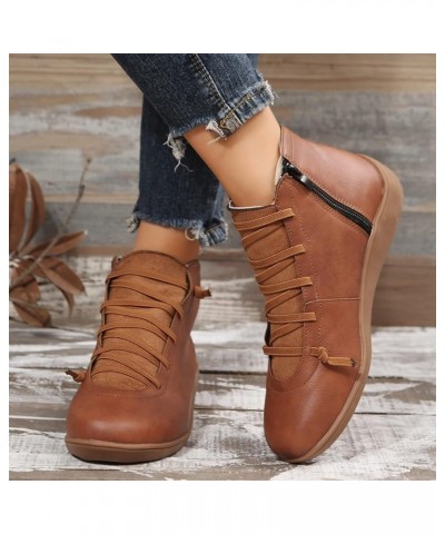 Ladies Fashion Retro Solid Color Leather Side Zipper Flat Casual Short Boots Boots for Women 10 Brown $12.20 Fashion Sneakers