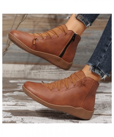 Ladies Fashion Retro Solid Color Leather Side Zipper Flat Casual Short Boots Boots for Women 10 Brown $12.20 Fashion Sneakers