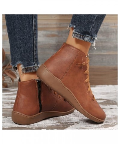 Ladies Fashion Retro Solid Color Leather Side Zipper Flat Casual Short Boots Boots for Women 10 Brown $12.20 Fashion Sneakers