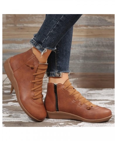 Ladies Fashion Retro Solid Color Leather Side Zipper Flat Casual Short Boots Boots for Women 10 Brown $12.20 Fashion Sneakers