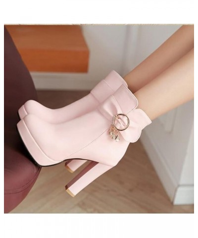 Platform Ankle Boots For Women Slip on Buckle Strap Short Booties Chunky High Heel Fashion Pointed Toe Dressy Boots Red $19.0...