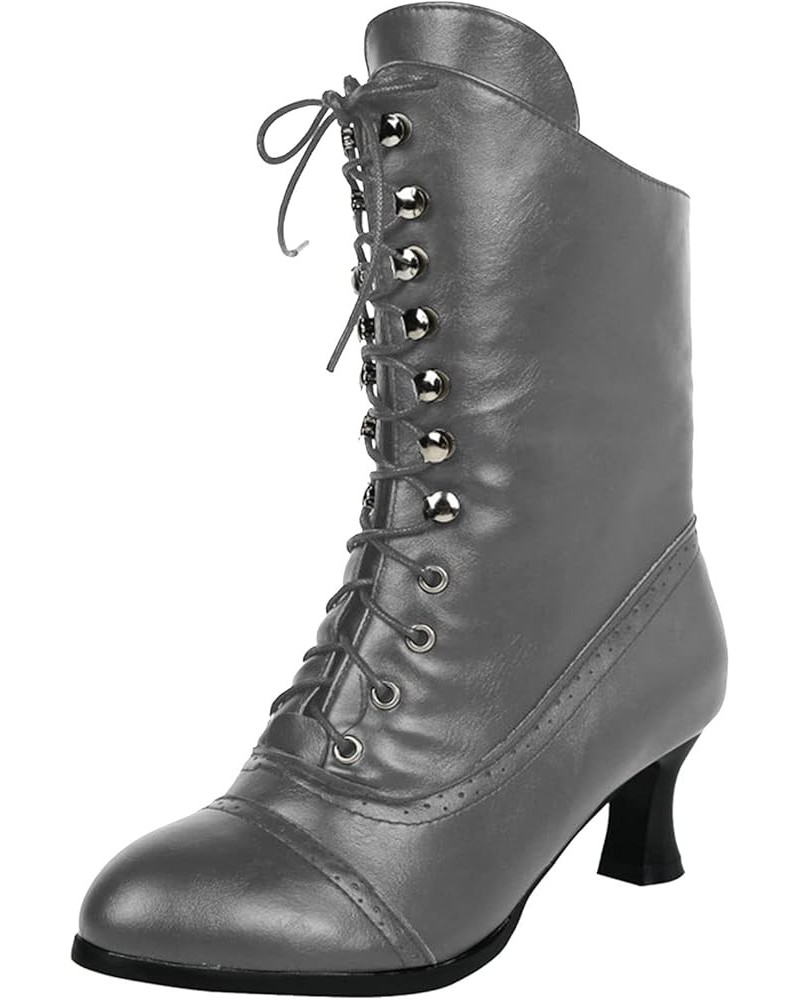 Womens Gothic Boots Lace Up Kitten Stiletto Heel Boots Mid Heels Victorian Boots Faux Leather Retro Mid Calf Boots Z-grey $28...