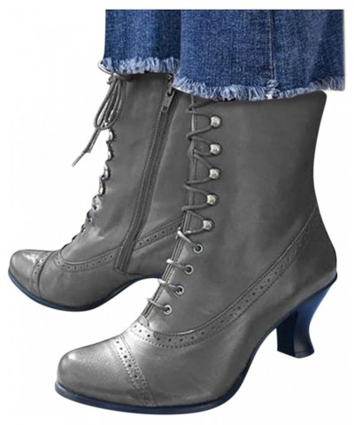 Womens Gothic Boots Lace Up Kitten Stiletto Heel Boots Mid Heels Victorian Boots Faux Leather Retro Mid Calf Boots Z-grey $28...