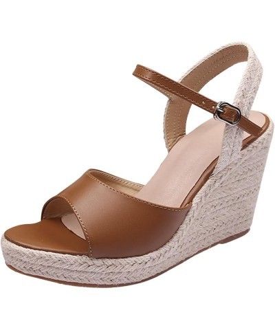 Women's Leather Espadrille Platform Sandals Ladies Breathable Open Toe Cork Wedge Sandal Casual Buckle Ankle 9 Brown $24.87 O...