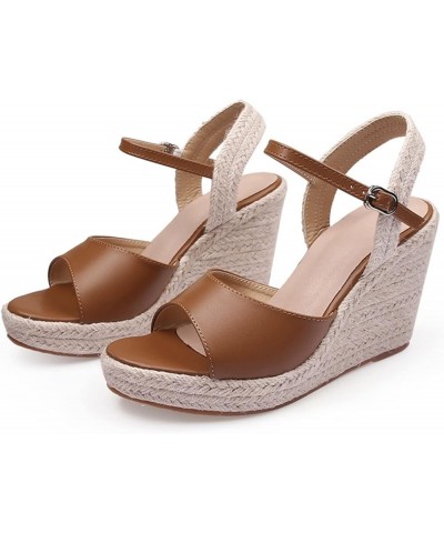 Women's Leather Espadrille Platform Sandals Ladies Breathable Open Toe Cork Wedge Sandal Casual Buckle Ankle 9 Brown $24.87 O...