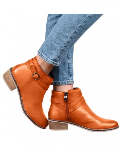 Boots For Women Fashion Casual Leather Round Toe Belt Wrapped Chunky Block Low Heels Ankle Booties Comfort Metal Buckle Mid C...