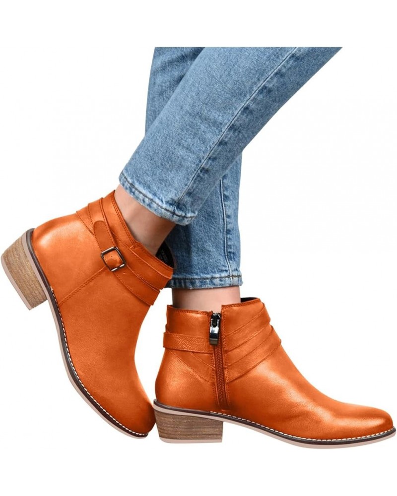 Boots For Women Fashion Casual Leather Round Toe Belt Wrapped Chunky Block Low Heels Ankle Booties Comfort Metal Buckle Mid C...